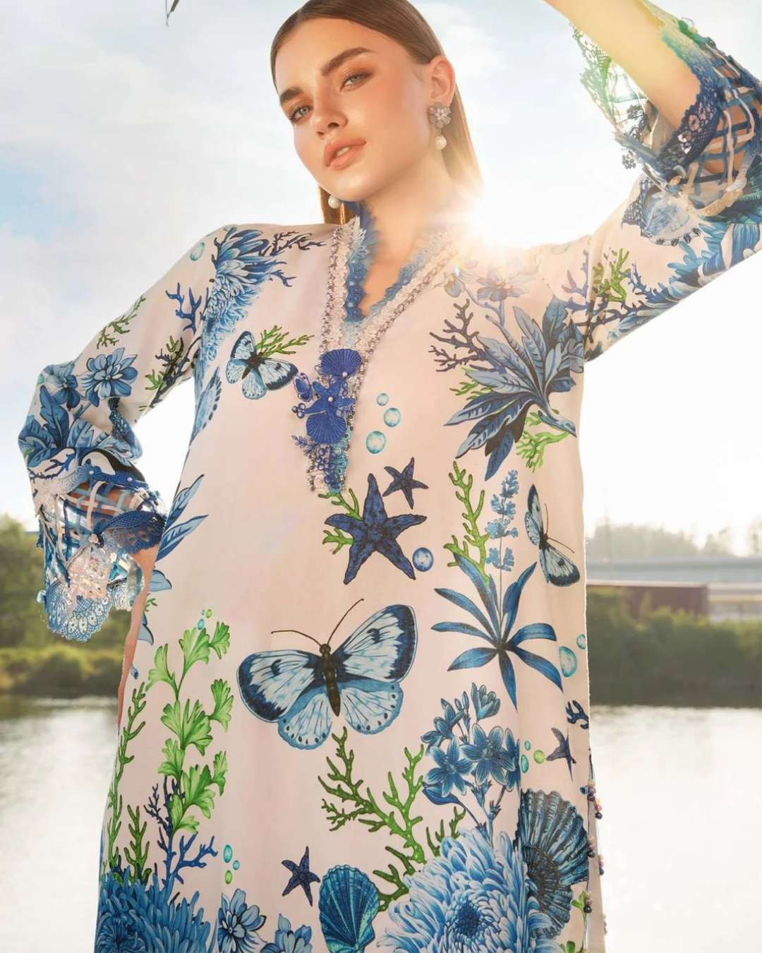 MARIA.B-3PC LAWN EMBROIDERED PRINTED SHIRT WITH CHIFFON PRINT DUPATTA AND PRINT TROUSER| KF-2519