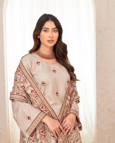 3PC DHANAK EMBROIDERED SHIRT WITH HEAVY CUTWORK EMBROIDERED DHANAK SHAWL AND TROUSER | KF-003