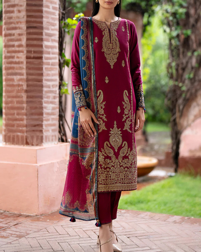 JAZMIN- 3PC DHANAK EMBROIDERED SHIRT WITH WOOL PRINT SHAWL AND TROUSER-KF-3305-B