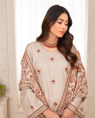 3PC DHANAK EMBROIDERED SHIRT WITH HEAVY CUTWORK EMBROIDERED DHANAK SHAWL AND TROUSER | KF-003