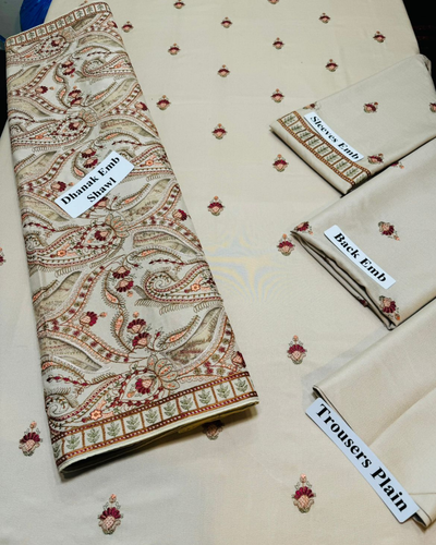 3PC DHANAK EMBROIDERED SHIRT WITH HEAVY CUTWORK EMBROIDERED DHANAK SHAWL AND TROUSER | KF-003