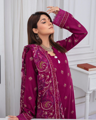 3PC DHANAK EMBROIDERED SHIRT WITH HEAVY CUTWORK EMBROIDERED DHANAK SHAWL AND TROUSER | KF-008