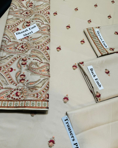 3PC DHANAK EMBROIDERED SHIRT WITH HEAVY CUTWORK EMBROIDERED DHANAK SHAWL AND TROUSER | KF-003