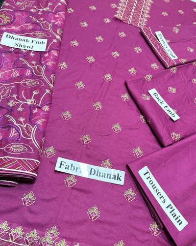 3PC DHANAK EMBROIDERED SHIRT WITH HEAVY CUTWORK EMBROIDERED DHANAK SHAWL AND TROUSER | KF-008