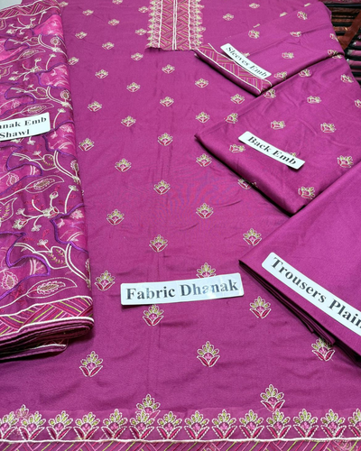 3PC DHANAK EMBROIDERED SHIRT WITH HEAVY CUTWORK EMBROIDERED DHANAK SHAWL AND TROUSER | KF-008