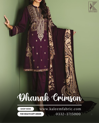 CRIMSON - 3PC EMBROIDERED DHANAK SHIRT WITH DAHNK STUFF FULL EMBROIDERY DUPPATA -KF-3956