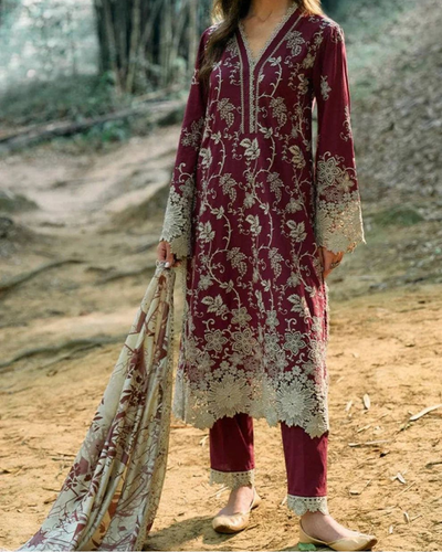 IMAGE-3PC LAWN EMBROIDERED SHIRT WITH MONARK PRINTED DUPATTA & TROUSER | KF-3598