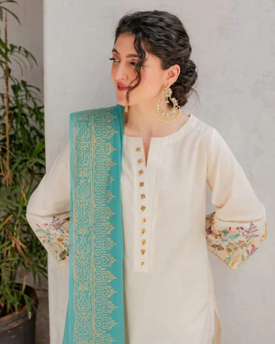 ASLING - 3PC DHANAK EMBROIDERED SHIRT WITH COUTURE WOOL PRINT SHAWL AND TROUSER-KF-3116