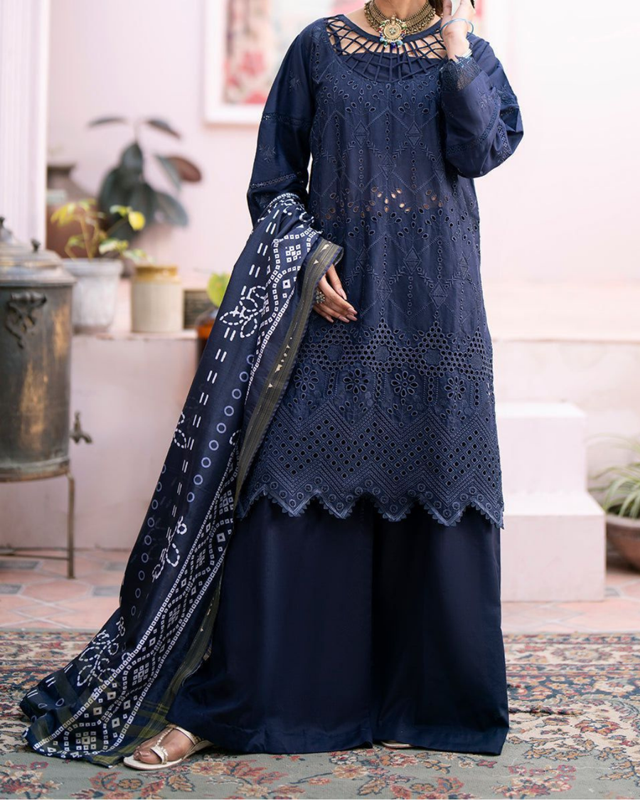 CHARIZMA - 3PC CHIKENKARI LAWN EMBROIDERED SHIRT WITH MONARK PRINT DUPATTA & TROUSER | KF-4052 ZINK BLUE