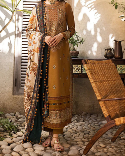 ASIM JOFA-3PC LAWN EMBROIDERED WITH MONARK PTINT DUPATTA & TROUSR | KF-3537