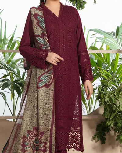 CHARIZMA - 3PC CHIKENKARI LAWN EMBROIDERED SHIRT WITH MONARK PRINT DUPATTA & TROUSER | KF-4052 MAHROON