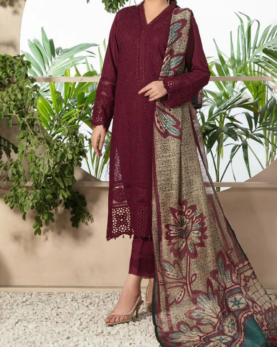 CHARIZMA - 3PC CHIKENKARI LAWN EMBROIDERED SHIRT WITH MONARK PRINT DUPATTA & TROUSER | KF-4052 MAHROON