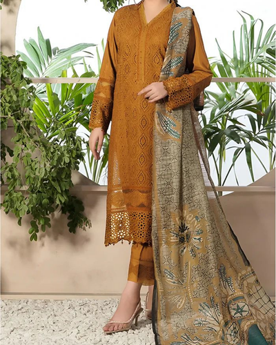 CHARIZMA - 3PC CHIKENKARI LAWN EMBROIDERED SHIRT WITH MONARK PRINT DUPATTA & TROUSER | KF-4052 MASTARD