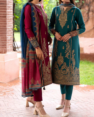 JAZMIN- 3PC DHANAK EMBROIDERED SHIRT WITH WOOL PRINT SHAWL AND TROUSER-KF-3305-A