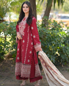 HANA- 3PC DHANAK EMBROIDERED SHIRT WITH COUTURE PRINT SHAWL AND TROUSER-KF- 3153