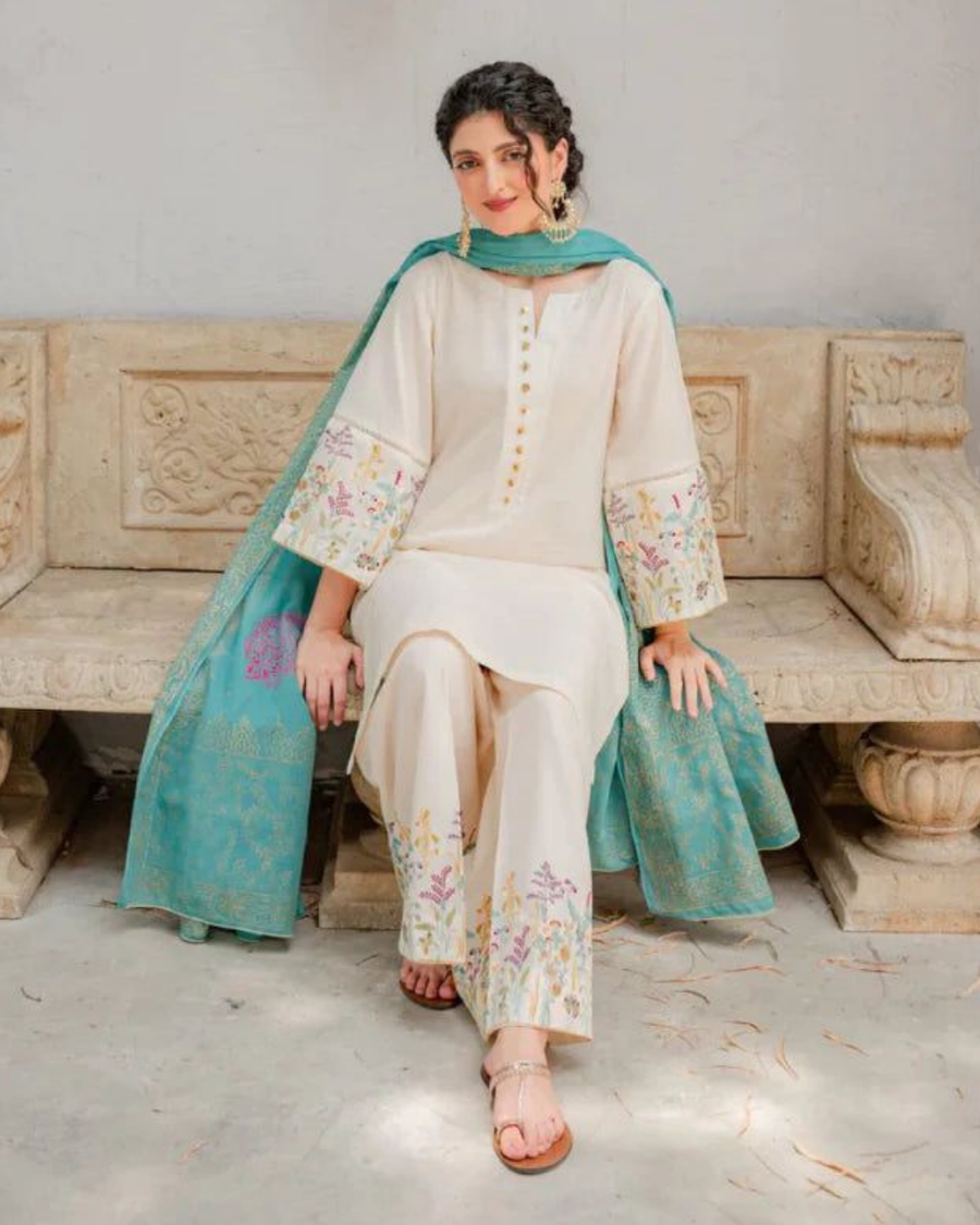 ASLING - 3PC DHANAK EMBROIDERED SHIRT WITH COUTURE WOOL PRINT SHAWL AND TROUSER-KF-3116