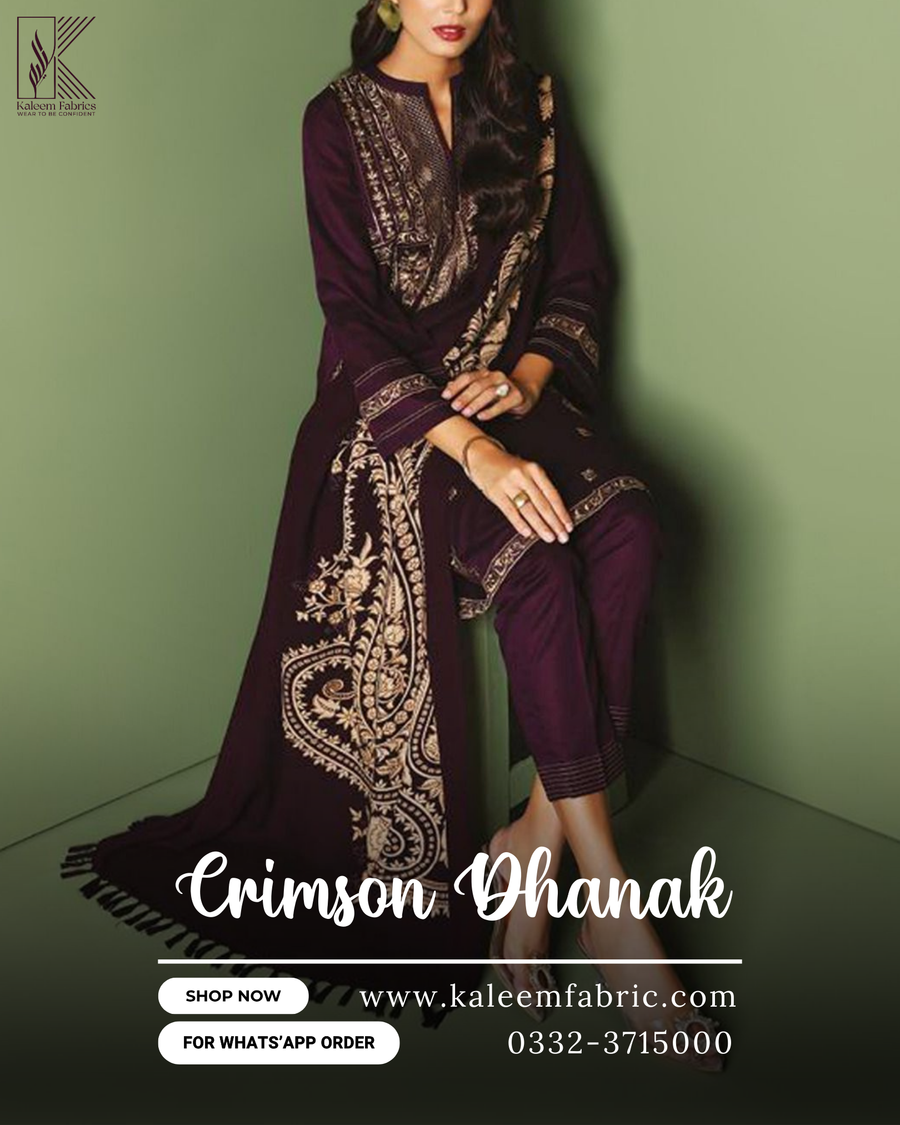 CRIMSON - 3PC EMBROIDERED DHANAK SHIRT WITH DAHNK STUFF FULL EMBROIDERY DUPPATA -KF-3956