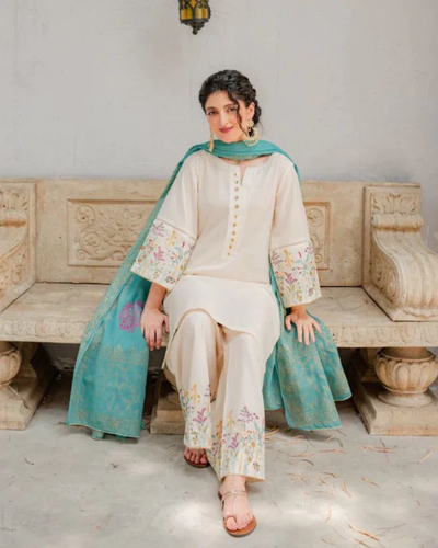 ASLING - 3PC DHANAK EMBROIDERED SHIRT WITH COUTURE WOOL PRINT SHAWL AND TROUSER-KF-3116