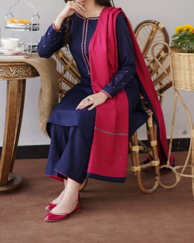 AISLING - 3PC DHANAK EMBROIDERED SHIRT WITH EMBROIDERED DHANAK SHAWL AND TROUSER-KF-3181