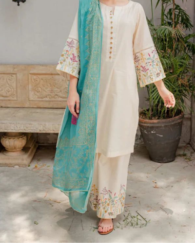 ASLING - 3PC DHANAK EMBROIDERED SHIRT WITH COUTURE WOOL PRINT SHAWL AND TROUSER-KF-3116