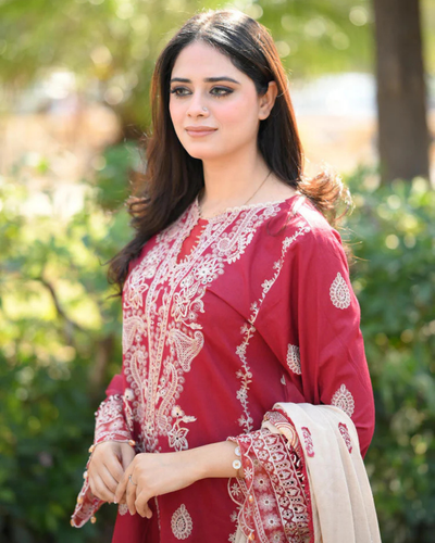 HANA- 3PC DHANAK EMBROIDERED SHIRT WITH COUTURE PRINT SHAWL AND TROUSER-KF- 3153