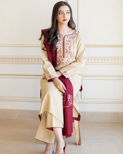 AISLING - 3PC DHANAK EMBROIDERED SHIRT WITH EMBROIDERED DHANAK SHAWL AND TROUSER-KF-3131