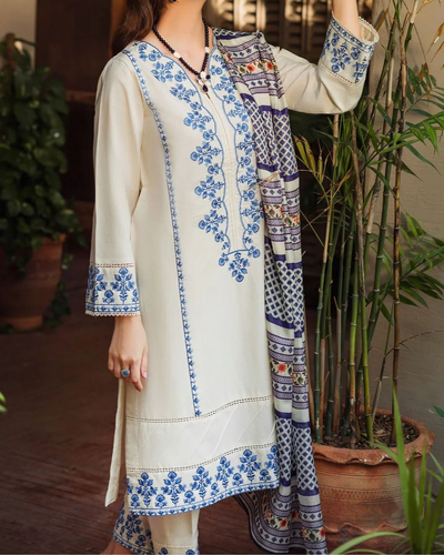 ZIVA-3PC LAWN EMBROIDERED SHIRT WITH MONARK PRINTED DUPATTA & EMB TROUSER | KF-3622