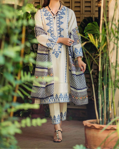 ZIVA-3PC LAWN EMBROIDERED SHIRT WITH MONARK PRINTED DUPATTA & EMB TROUSER | KF-3622