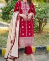 HANA- 3PC DHANAK EMBROIDERED SHIRT WITH COUTURE PRINT SHAWL AND TROUSER-KF- 3153