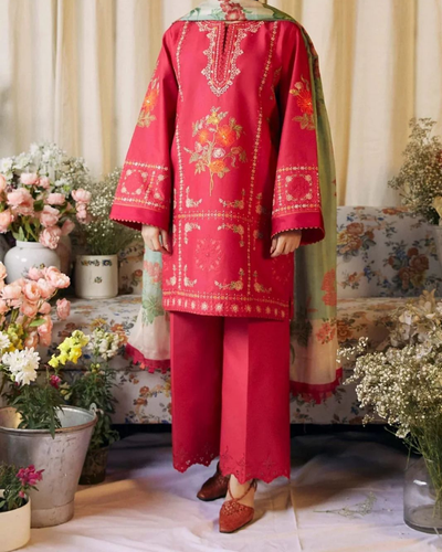 ZARA SHAH JAHAN-3PC LAWN EMBROIDERED SHIRT WITH MONARK PRINTED DUPATTA AND TROUSER | KF-3612