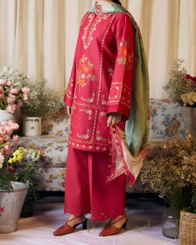 ZARA SHAH JAHAN-3PC LAWN EMBROIDERED SHIRT WITH MONARK PRINTED DUPATTA AND TROUSER | KF-3612