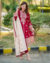 HANA- 3PC DHANAK EMBROIDERED SHIRT WITH COUTURE PRINT SHAWL AND TROUSER-KF- 3153