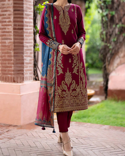 JAZMIN- 3PC DHANAK EMBROIDERED SHIRT WITH WOOL PRINT SHAWL AND TROUSER-KF-3305-B