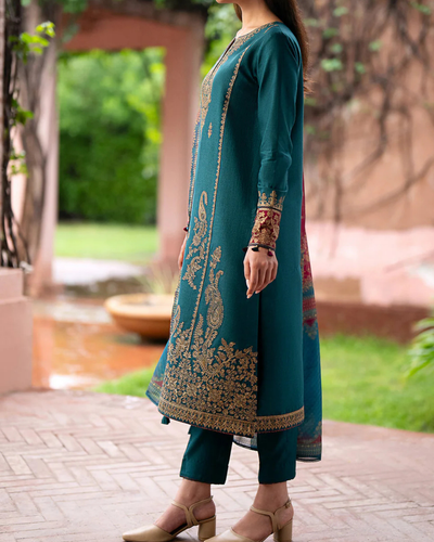 JAZMIN- 3PC DHANAK EMBROIDERED SHIRT WITH WOOL PRINT SHAWL AND TROUSER-KF-3305-A