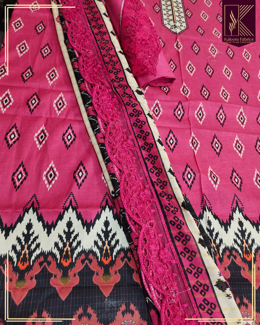 BIN YASEEN PRINTED WITH 4 BORDER EMB LACE DUPPATA | DESIGN NO. 4