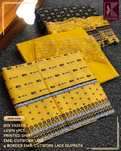 BIN YASEEN PRINTED WITH 4 BORDER EMB LACE DUPPATA | DESIGN NO. 6