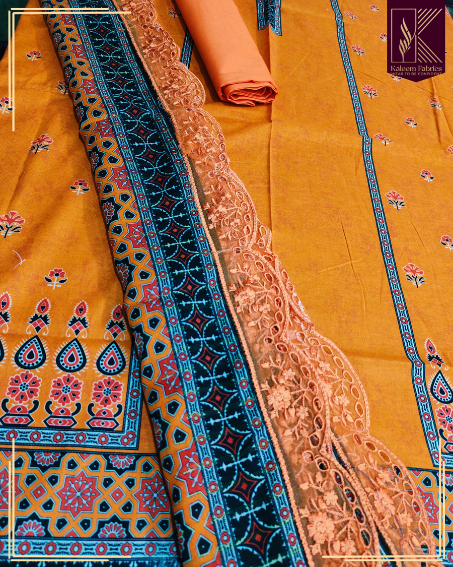 BIN YASEEN PRINTED WITH 4 BORDER EMB LACE DUPPATA | DESIGN NO. 8