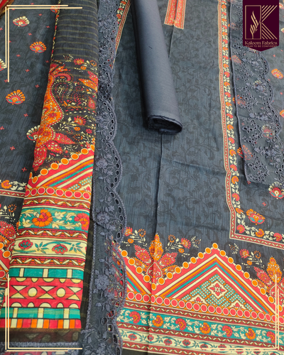 BIN YASEEN PRINTED WITH 4 BORDER EMB LACE DUPPATA | DESIGN NO. 9