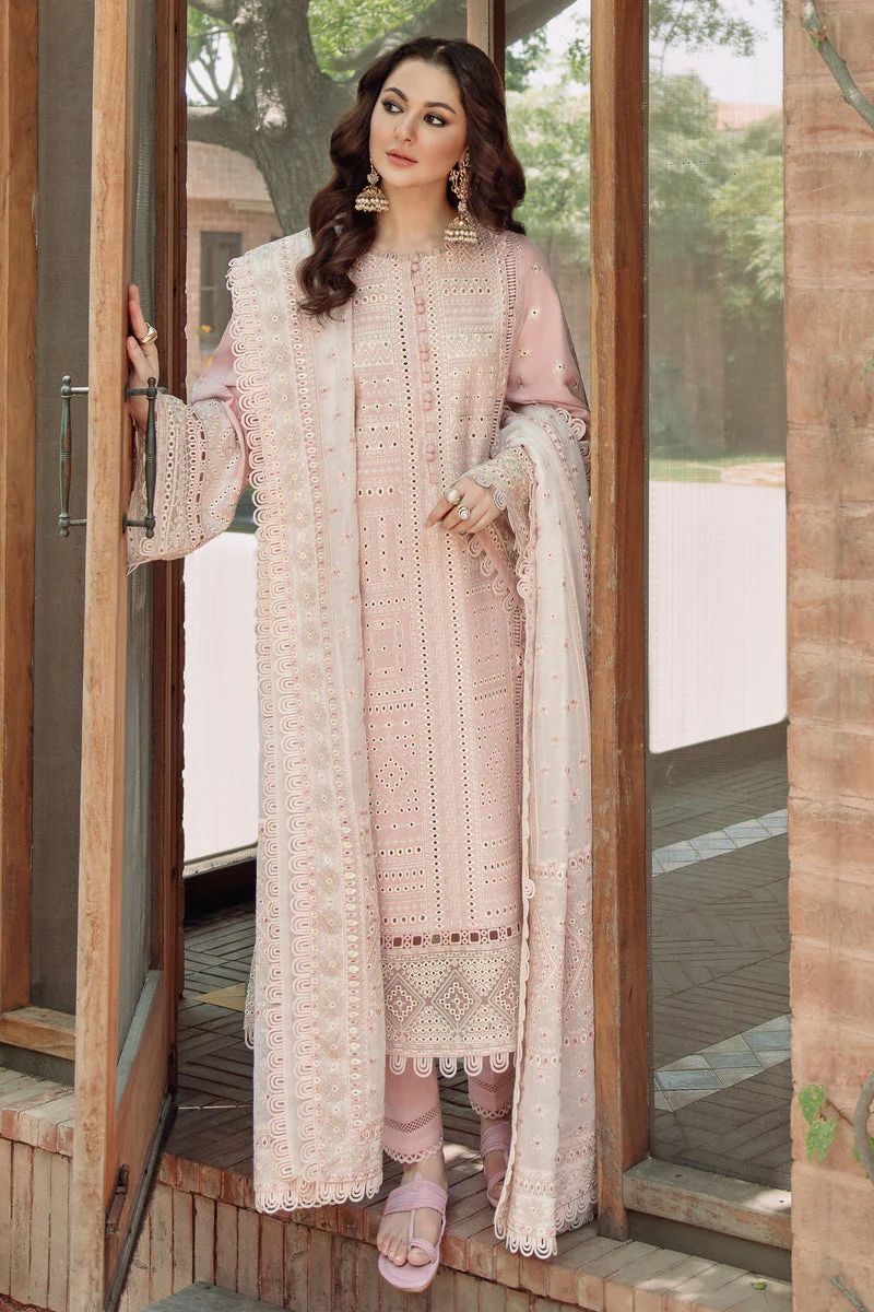 JAZMIN-3PC LAWN LASERCUT EMBROIDERED SHIRT WITH MONARK EMBROIDERED DUPATTA AND TROUSER | KF-3702